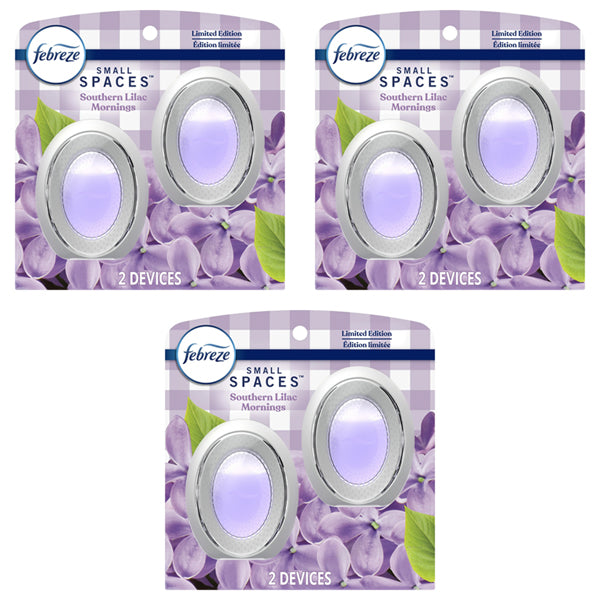 Febreze 3 Pack Small Spaces Air Freshener, Limited Edition Southern Lilac Mornings (2ct each), features purple lilac packaging—perfect for eliminating odors in any room.